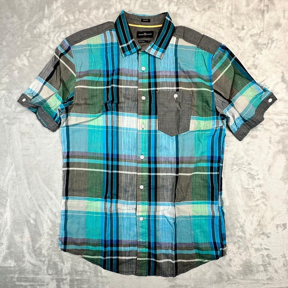 Marc Ecko Button Down Mens L Blue Plaid Slim Fit Short Sleeve Shirt Pocket